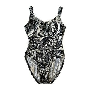 Vtg Catalina Black + White Floral Tropical Abstract Print Swimsuit Beach Vacay M